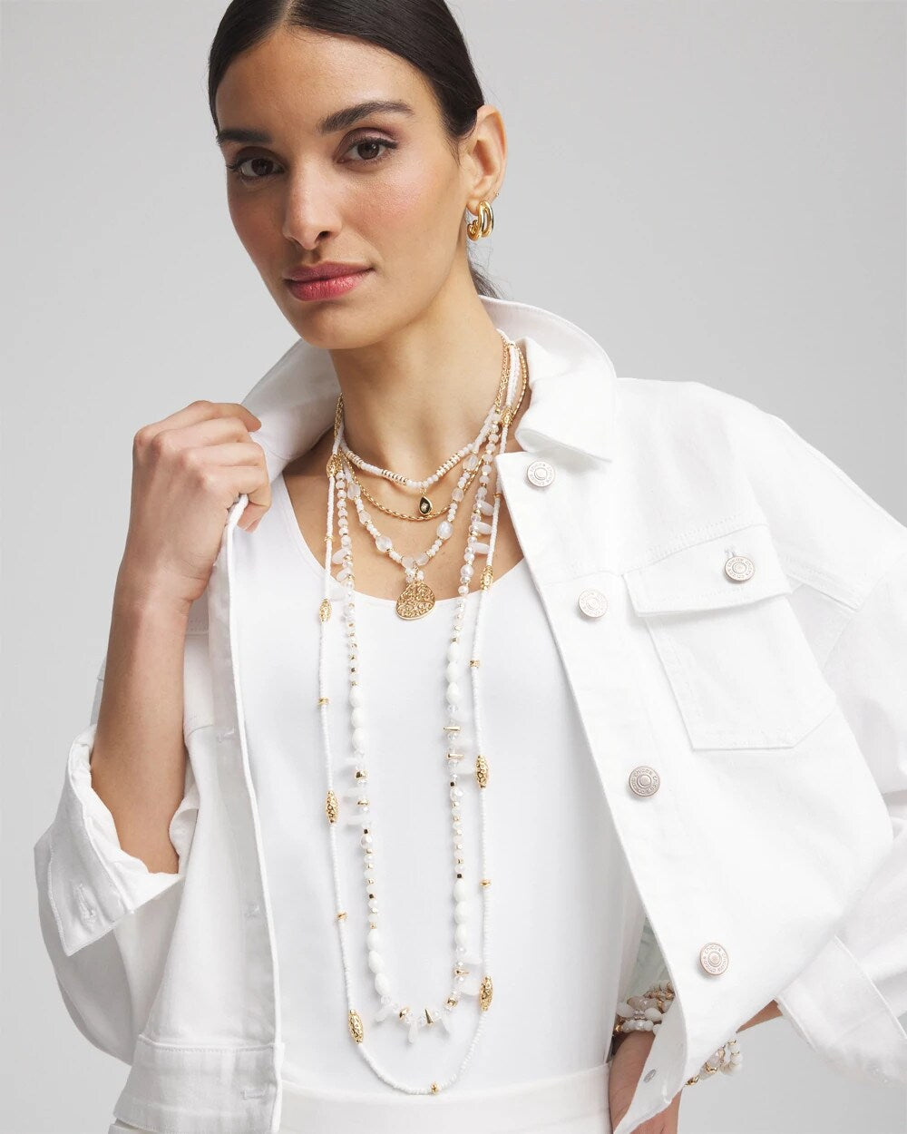 Chico's White Beaded Single Strand Necklace White