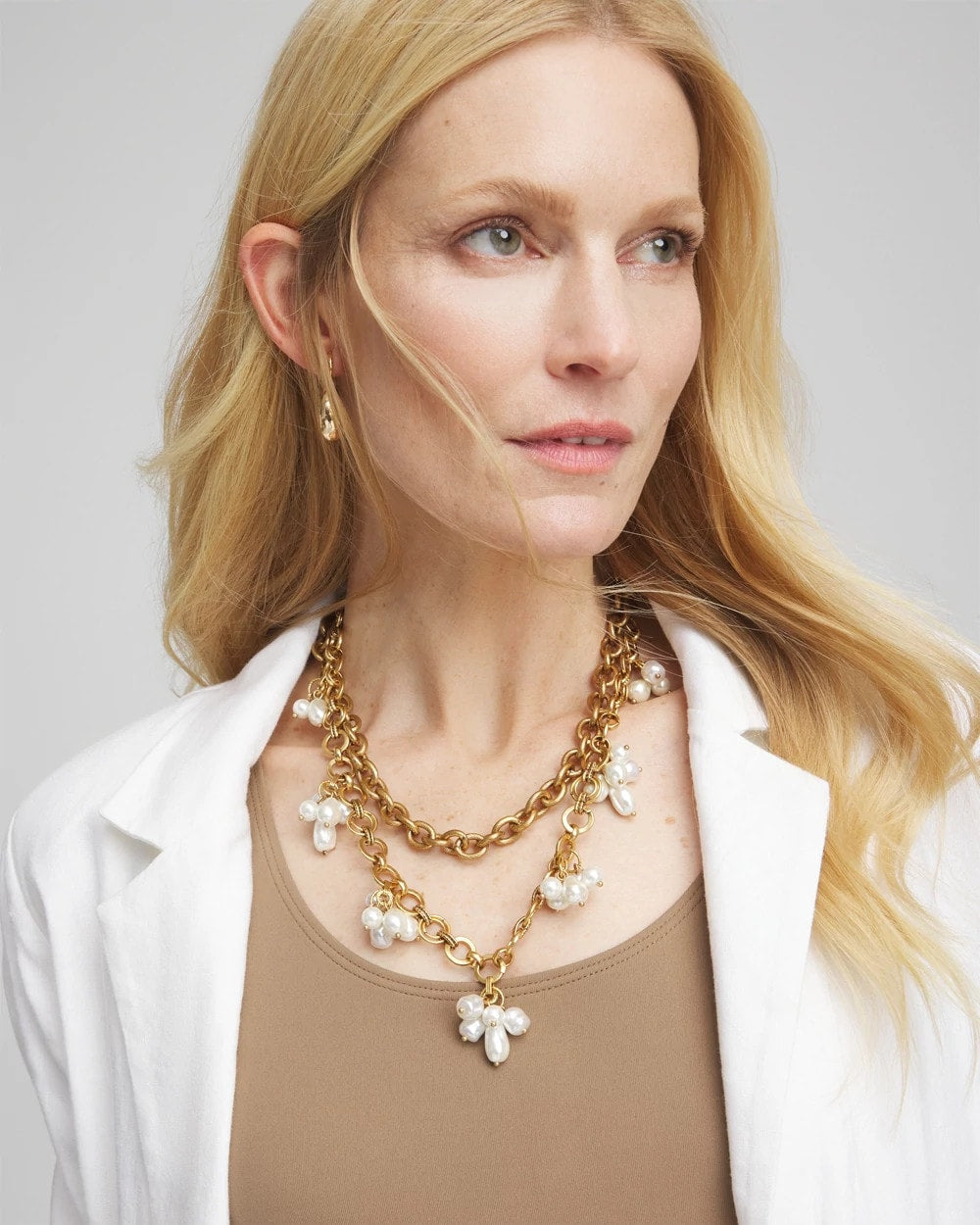Chico's Modern Pearl Clusters Choker Necklace White/Gold
