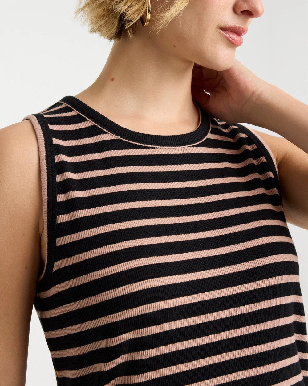 Chico's Striped High Neck Rib Tank Mocha Mousse