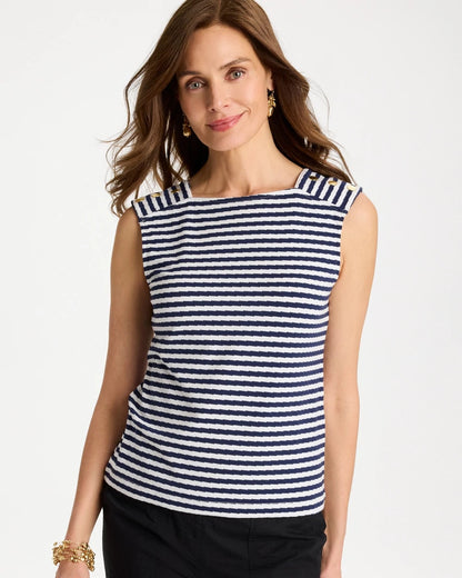 Chico's Cotton Striped Button Tee Passport Blue