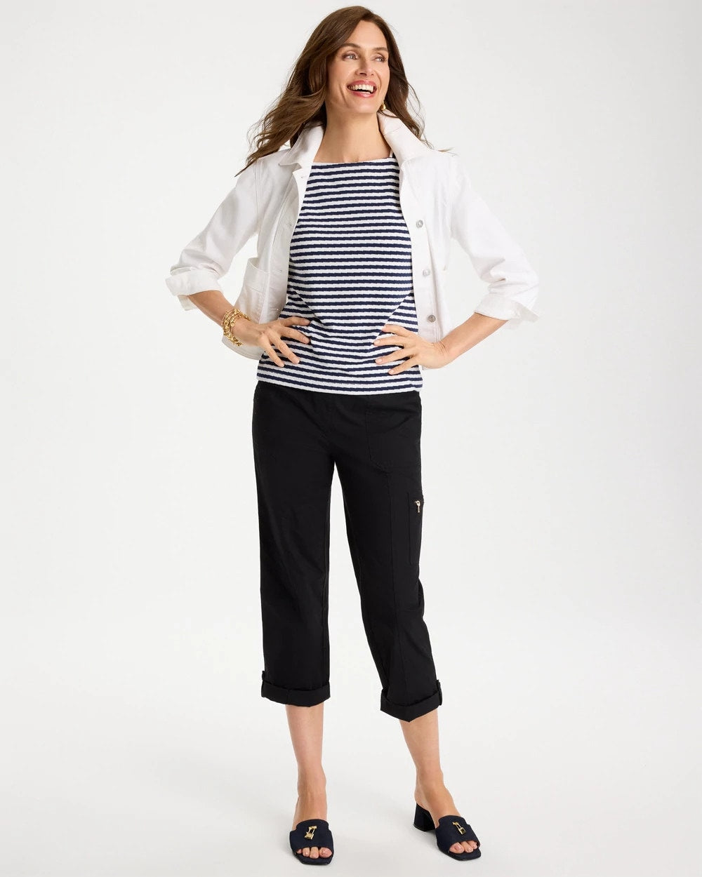 Chico's Cotton Striped Button Tee Passport Blue