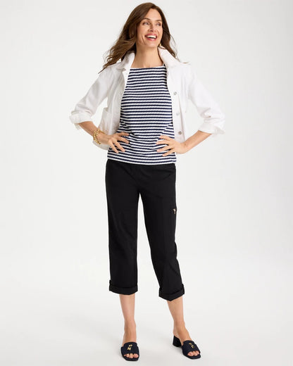 Chico's Cotton Striped Button Tee Passport Blue