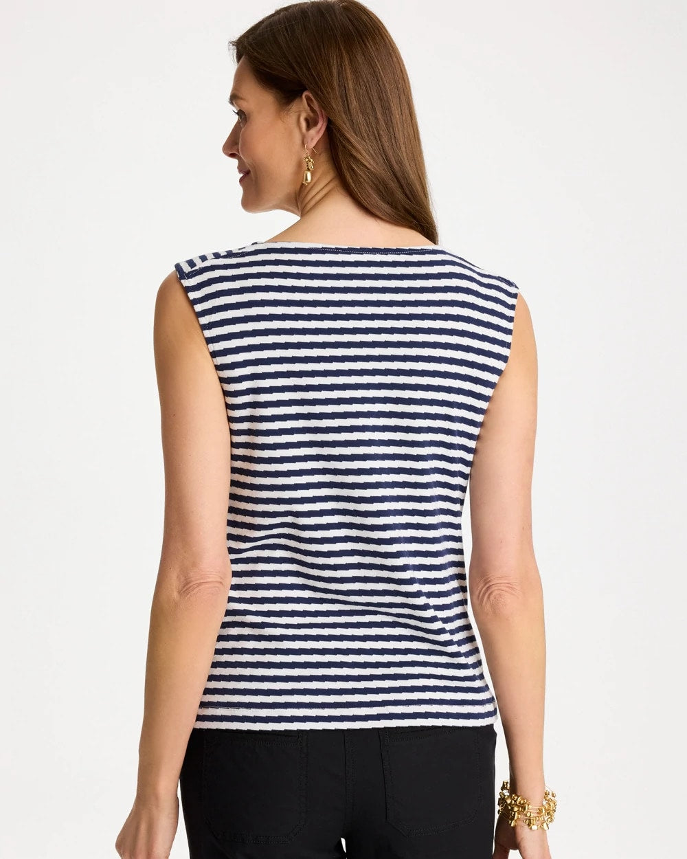 Chico's Cotton Striped Button Tee Passport Blue