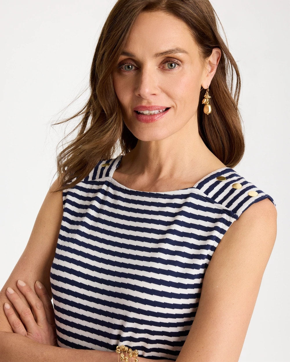 Chico's Cotton Striped Button Tee Passport Blue