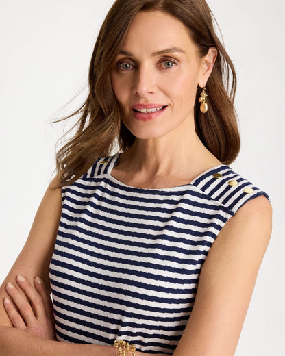 Chico's Cotton Striped Button Tee Passport Blue