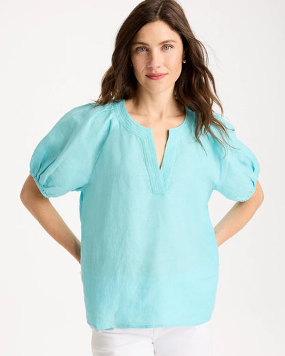 Chico's Linen Trapunto Popover Top Bondi Blue