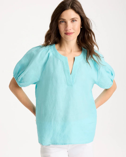 Chico's Linen Trapunto Popover Top Bondi Blue