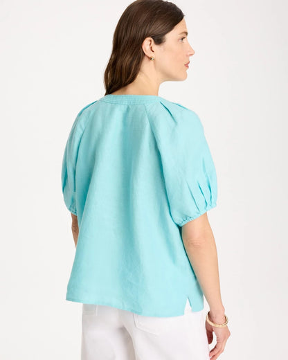 Chico's Linen Trapunto Popover Top Bondi Blue