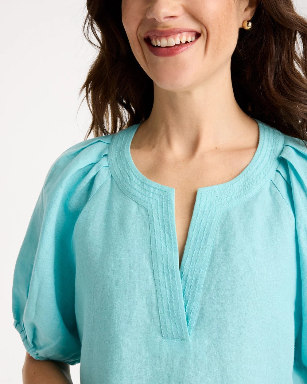 Chico's Linen Trapunto Popover Top Bondi Blue