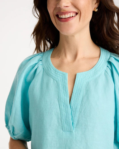 Chico's Linen Trapunto Popover Top Bondi Blue