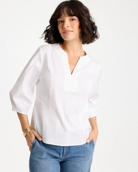 Chico's Poplin Cotton 3/4 Sleeve Popover Alabaster