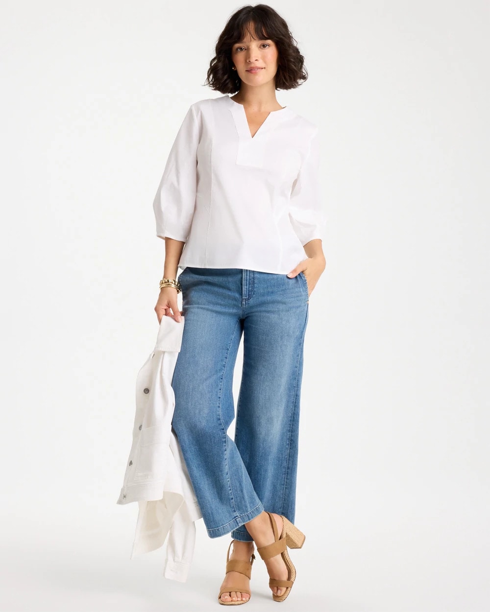 Chico's Poplin Cotton 3/4 Sleeve Popover Alabaster