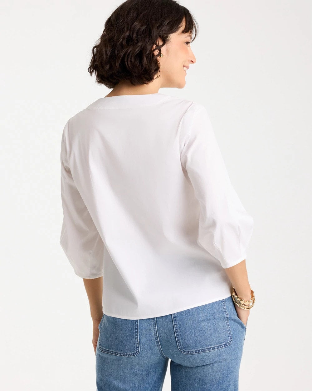 Chico's Poplin Cotton 3/4 Sleeve Popover Alabaster