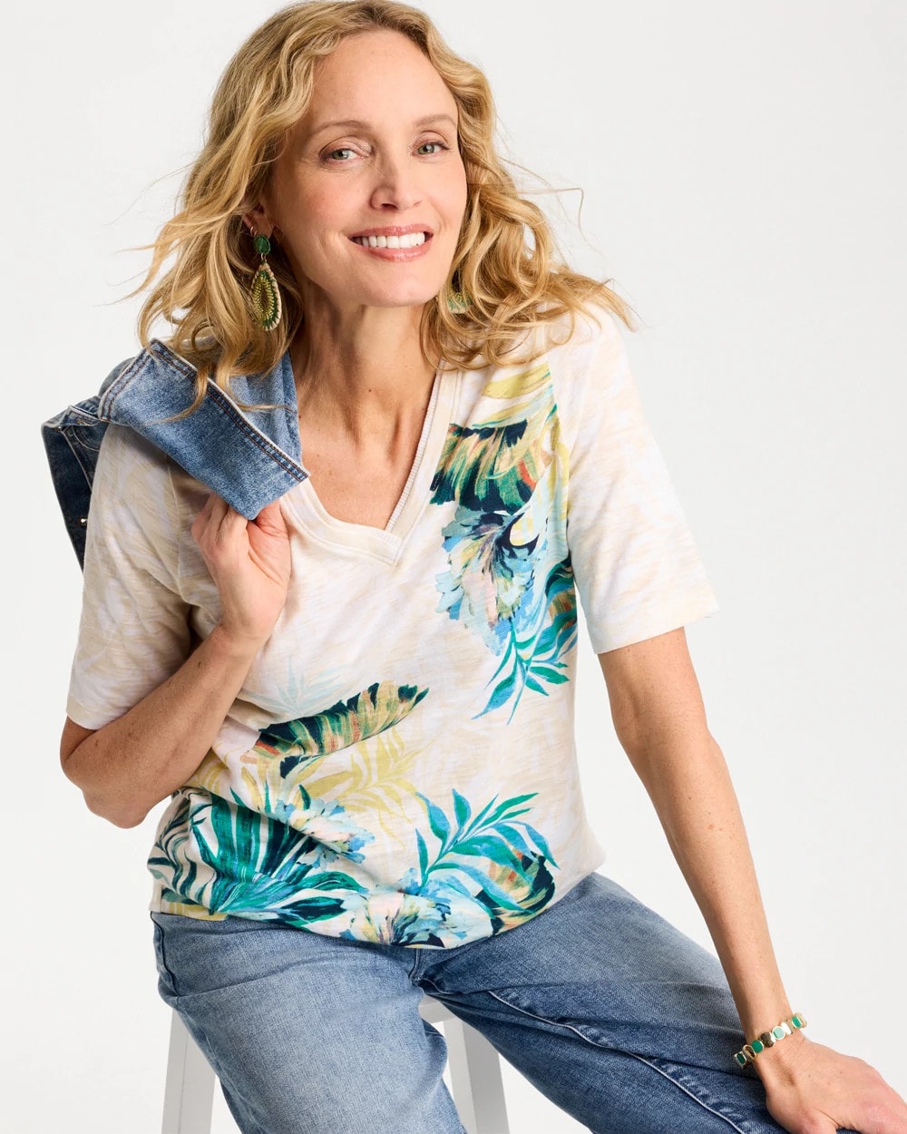 Chico's Printed Cotton Slub V-Neck Tee Topanga Green