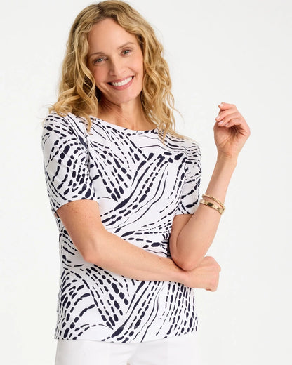 Chico's Abstract Pima Elbow Sleeve Tee Passport Blue