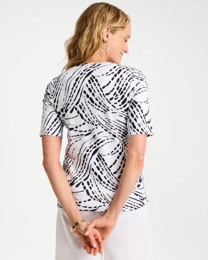 Chico's Abstract Pima Elbow Sleeve Tee Passport Blue