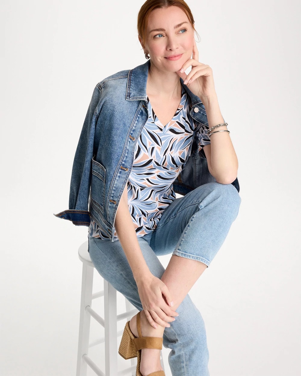 Chico's Printed Pima Elbow-Sleeve Tee Blue Haven