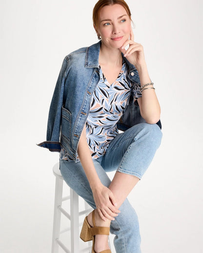 Chico's Printed Pima Elbow-Sleeve Tee Blue Haven