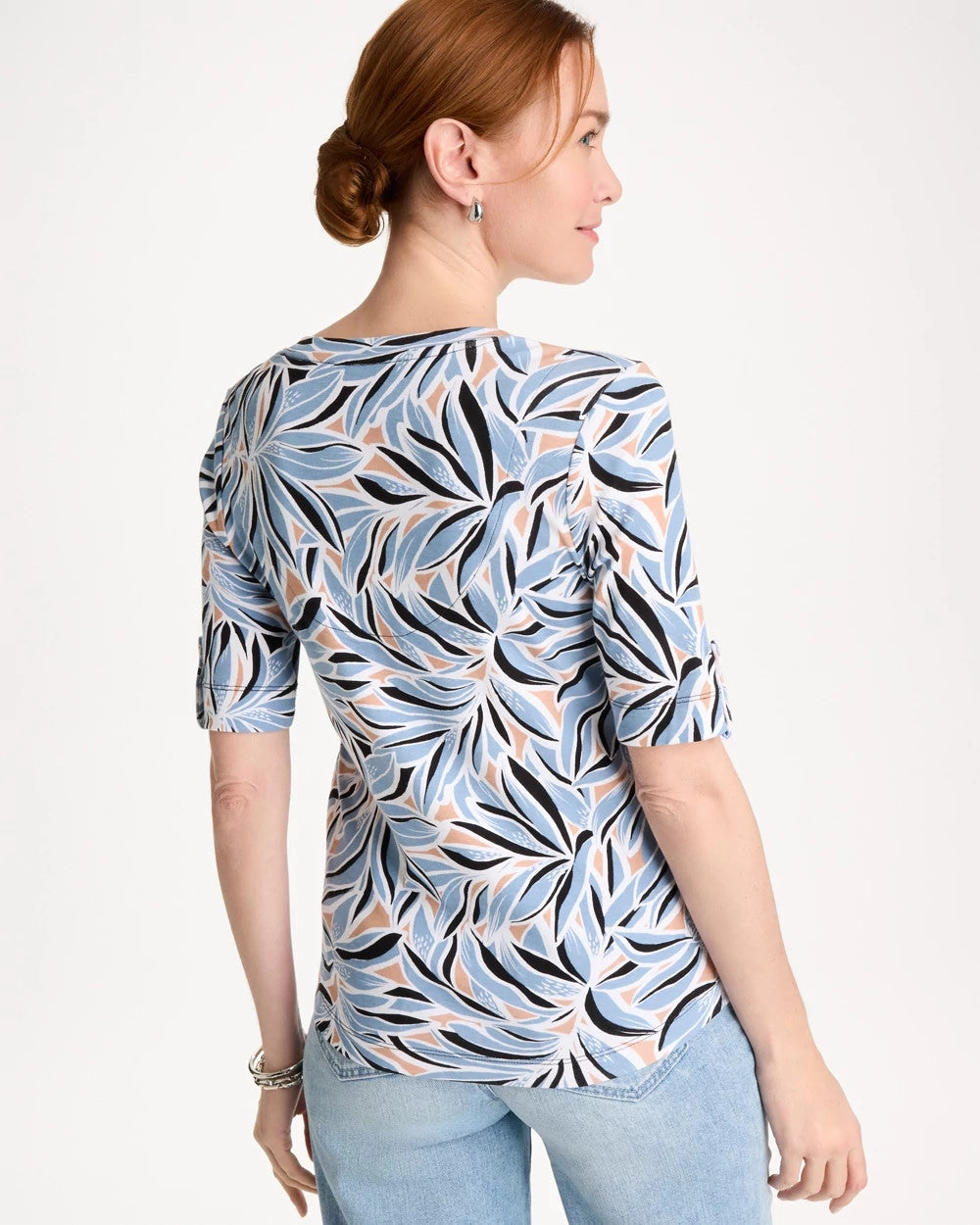 Chico's Printed Pima Elbow-Sleeve Tee Blue Haven