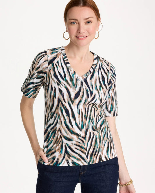 Chico's Animal Print Pima Elbow-Sleeve Tee Lagoon Blue