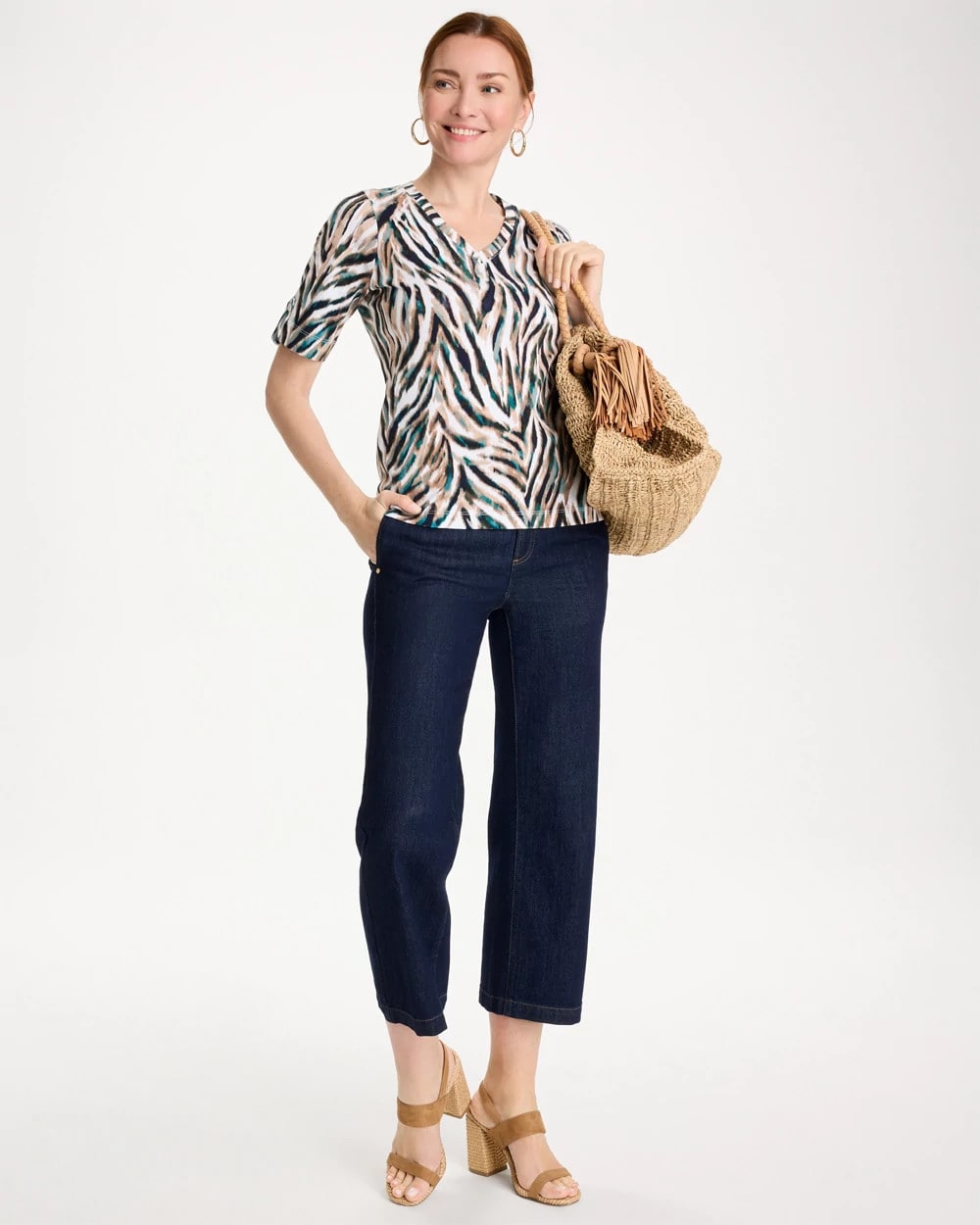 Chico's Animal Print Pima Elbow-Sleeve Tee Lagoon Blue