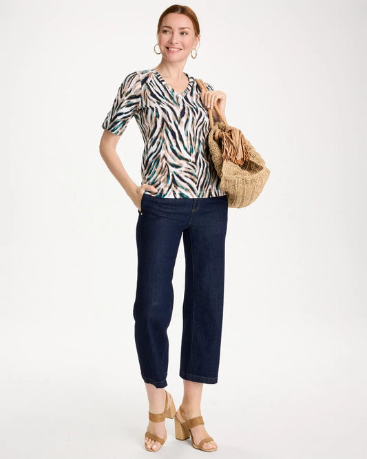 Chico's Animal Print Pima Elbow-Sleeve Tee Lagoon Blue