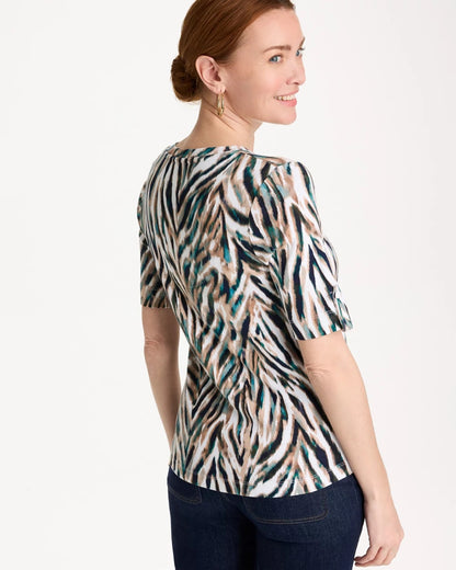 Chico's Animal Print Pima Elbow-Sleeve Tee Lagoon Blue