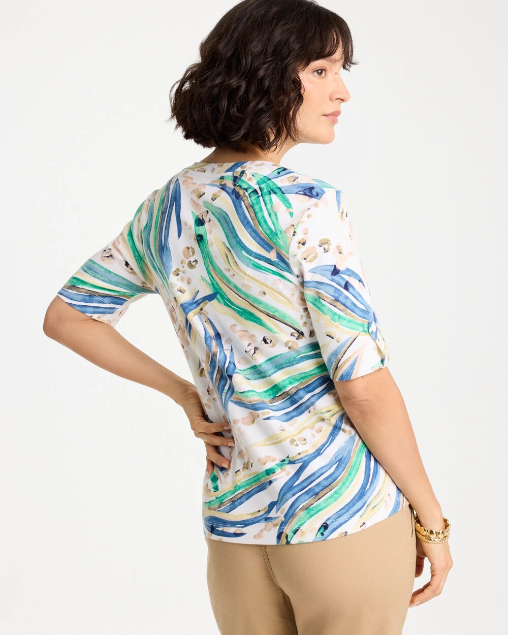 Chico's Printed Pima Elbow-Sleeve Tee Topanga Green