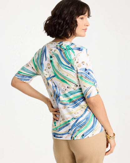 Chico's Printed Pima Elbow-Sleeve Tee Topanga Green