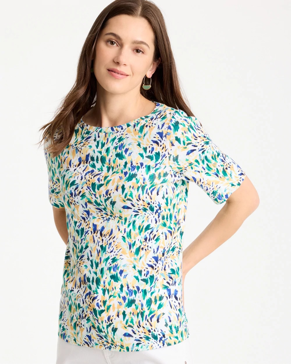 Chico's Leafy Swamp Pima Elbow Sleeve Tee Topanga Green