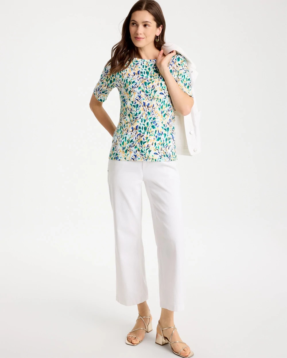 Chico's Leafy Swamp Pima Elbow Sleeve Tee Topanga Green