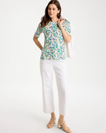 Chico's Leafy Swamp Pima Elbow Sleeve Tee Topanga Green