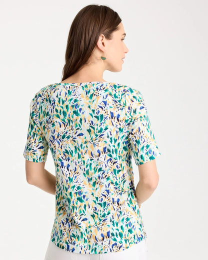 Chico's Leafy Swamp Pima Elbow Sleeve Tee Topanga Green