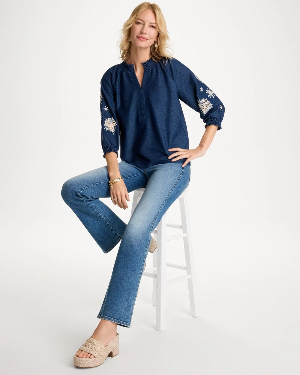 Chico's Embroidered Denim Henley Tee Passport Blue