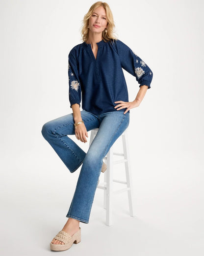 Chico's Embroidered Denim Henley Tee Passport Blue