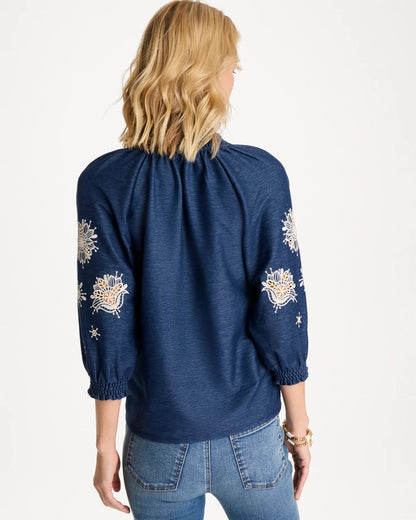 Chico's Embroidered Denim Henley Tee Passport Blue