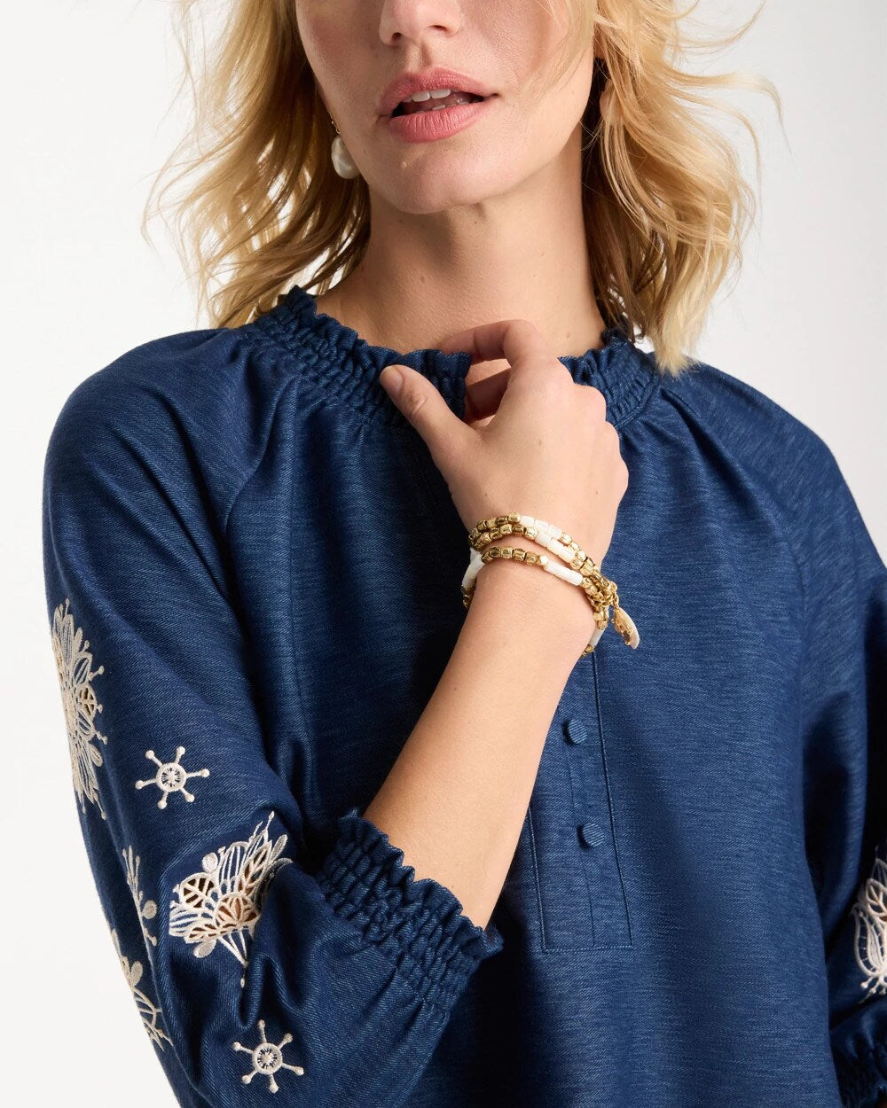 Chico's Embroidered Denim Henley Tee Passport Blue