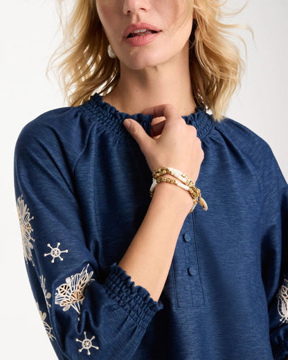 Chico's Embroidered Denim Henley Tee Passport Blue