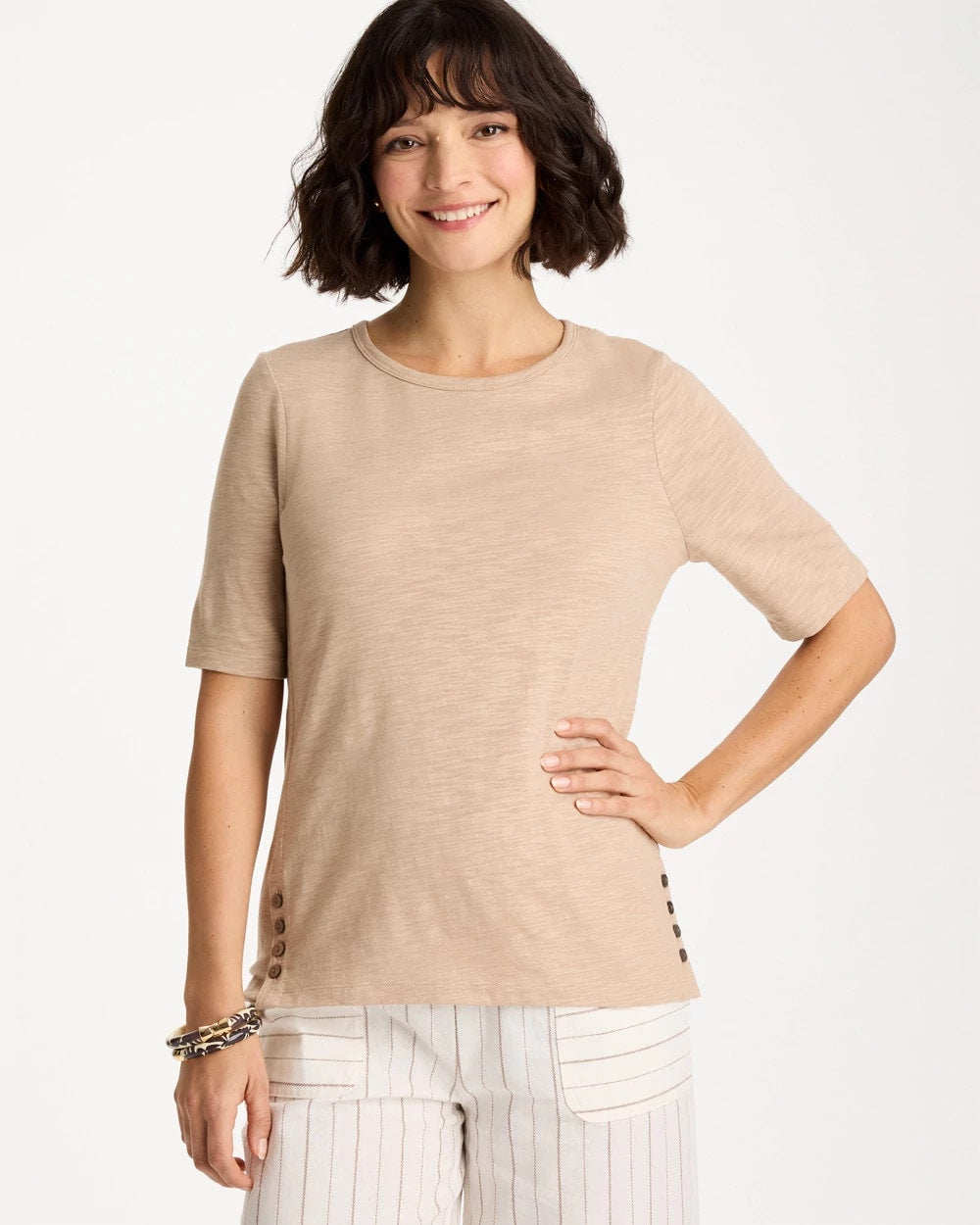 Chico's Foil Print Cotton Slub Elbow-Sleeve Tee Mocha Mousse