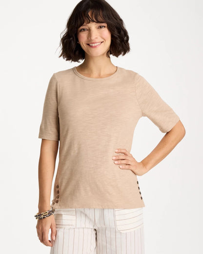 Chico's Foil Print Cotton Slub Elbow-Sleeve Tee Mocha Mousse