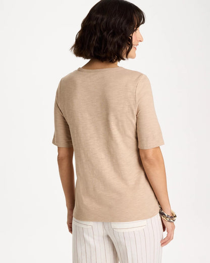 Chico's Foil Print Cotton Slub Elbow-Sleeve Tee Mocha Mousse