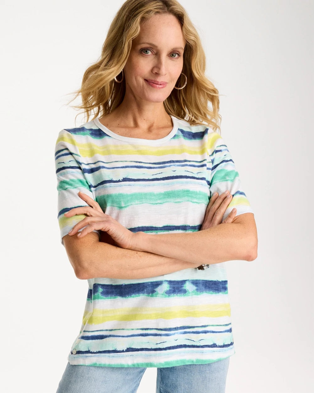 Chico's Striped Cotton Slub Elbow-Sleeve Tee Sage Lime