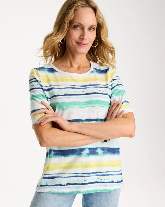 Chico's Striped Cotton Slub Elbow-Sleeve Tee Sage Lime