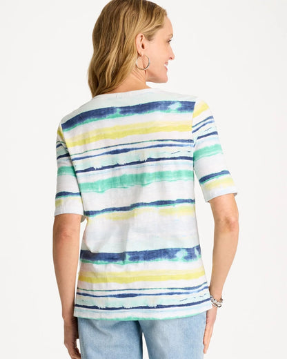 Chico's Striped Cotton Slub Elbow-Sleeve Tee Sage Lime