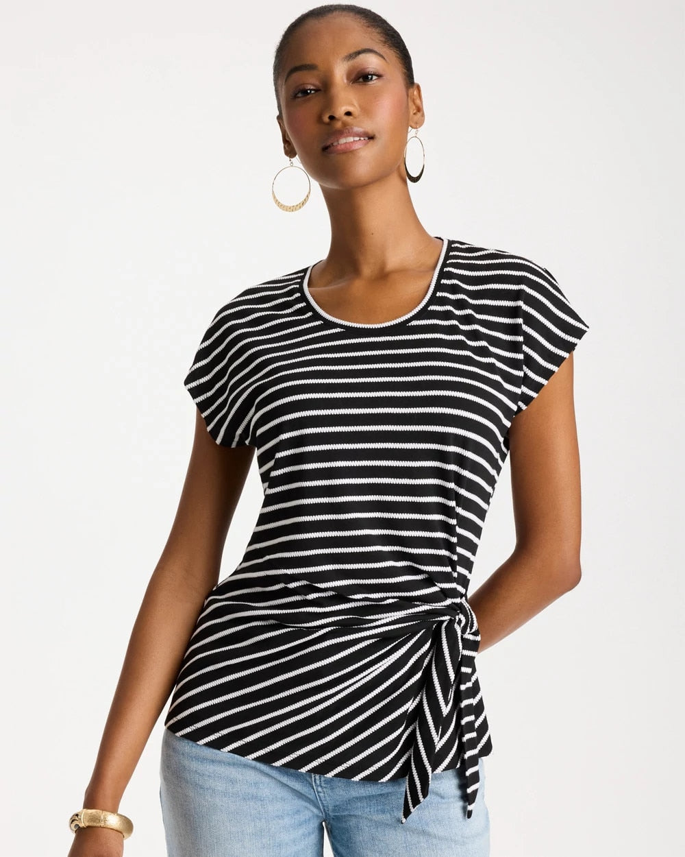 Chico's Striped Tie-Front Tee Black