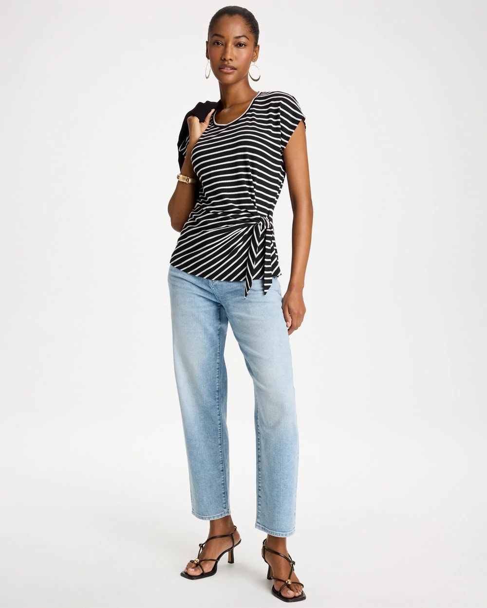 Chico's Striped Tie-Front Tee Black