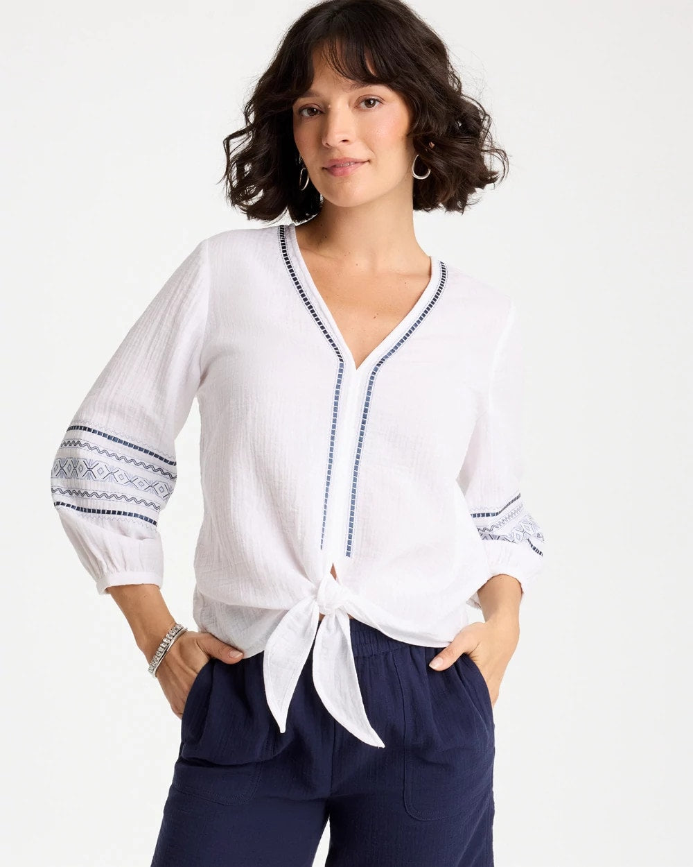 Chico's Cotton Gauze Embroidered Tie-Front Blouse Alabaster