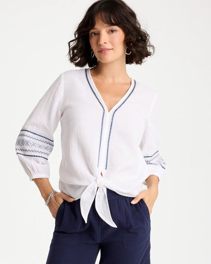 Chico's Cotton Gauze Embroidered Tie-Front Blouse Alabaster