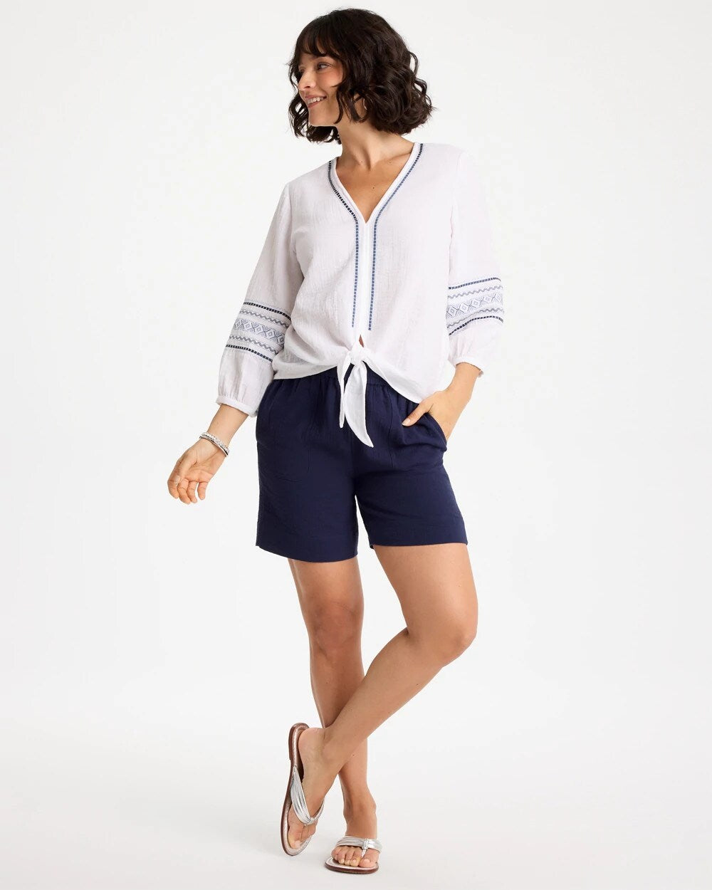 Chico's Cotton Gauze Embroidered Tie-Front Blouse Alabaster