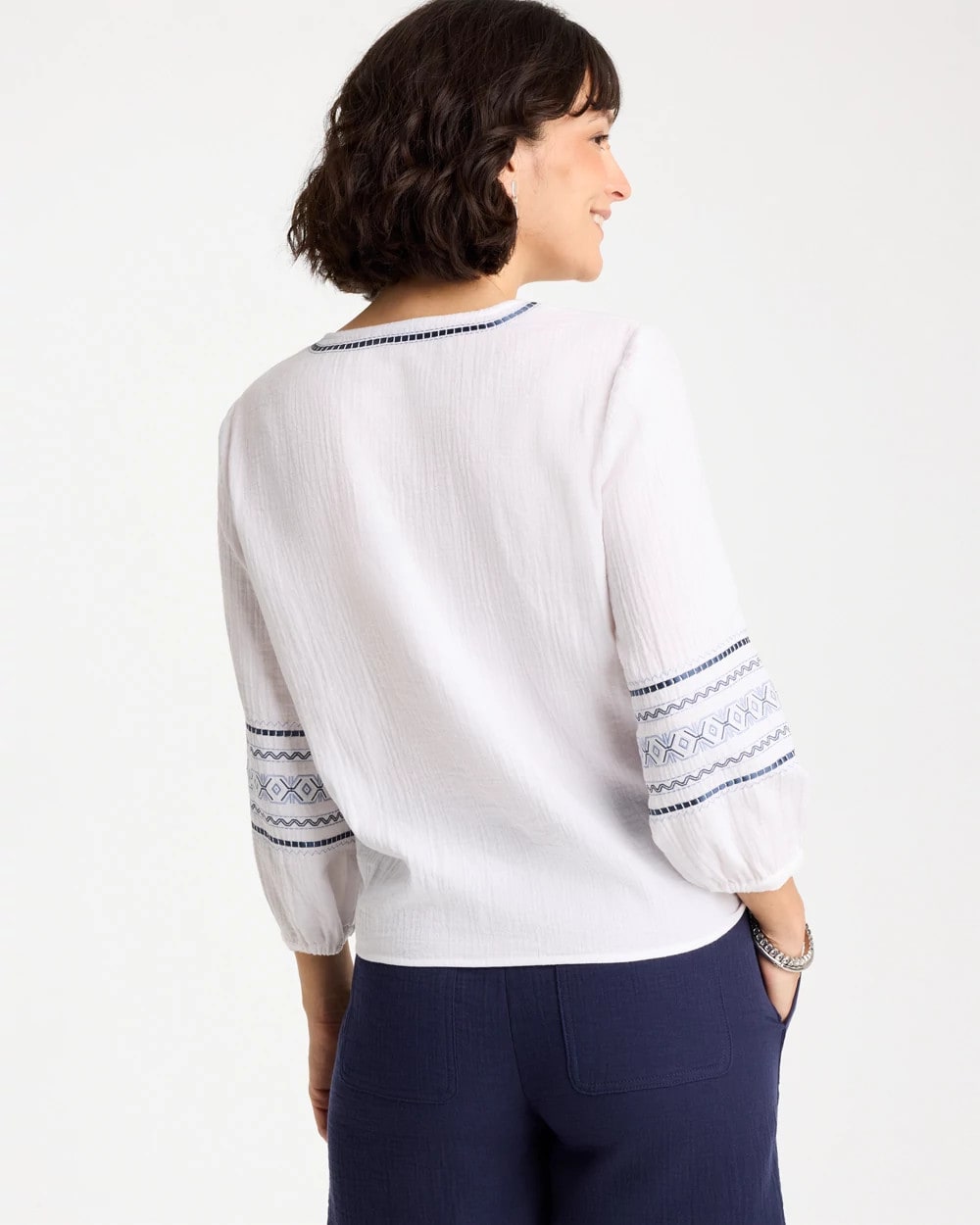 Chico's Cotton Gauze Embroidered Tie-Front Blouse Alabaster